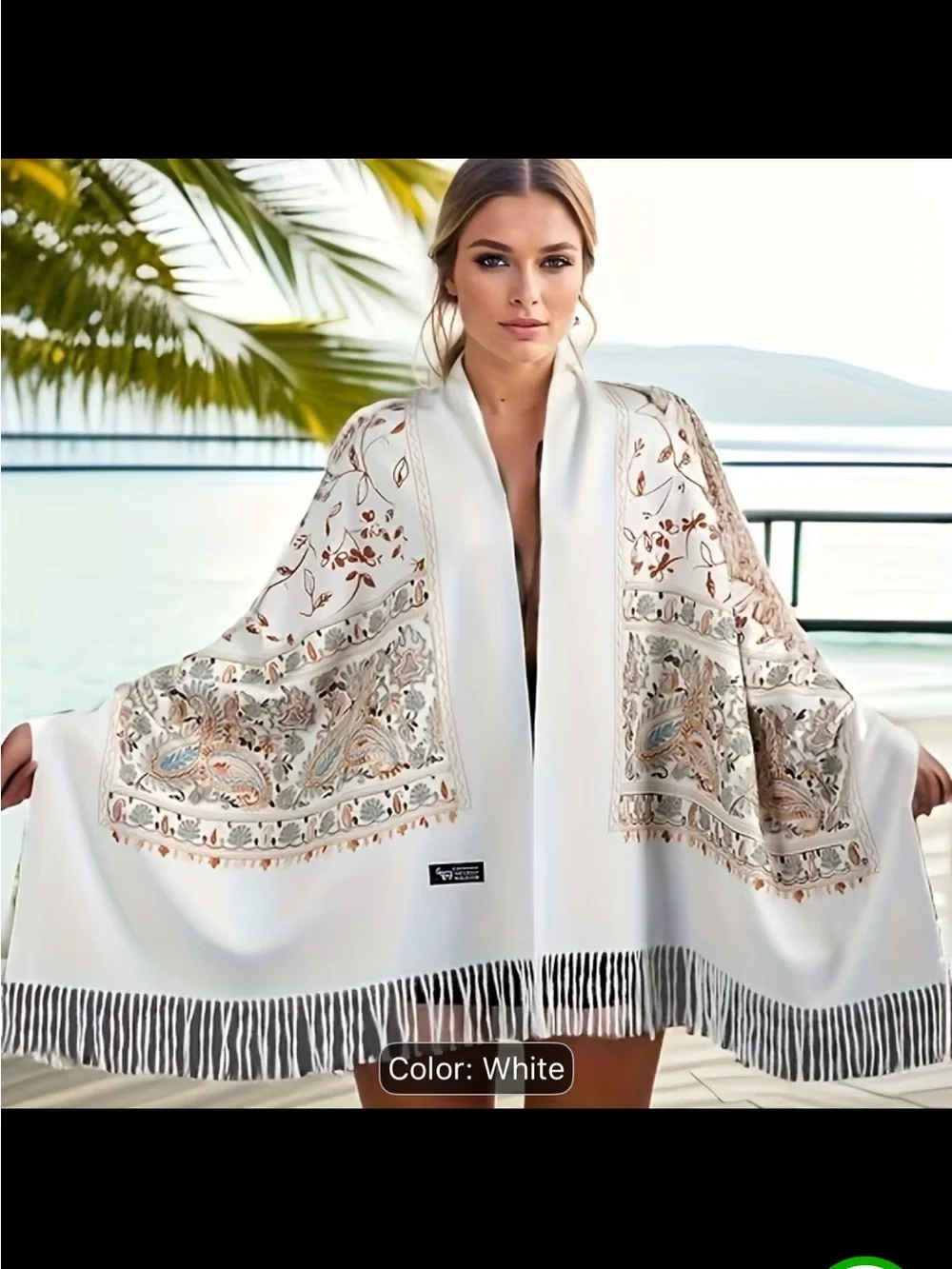 Embroidered White Fringe Cashmere Wool Shawl NEW